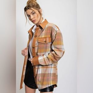 Easel Vegan Leather Patch Khaki Plaid Shacket Jacket